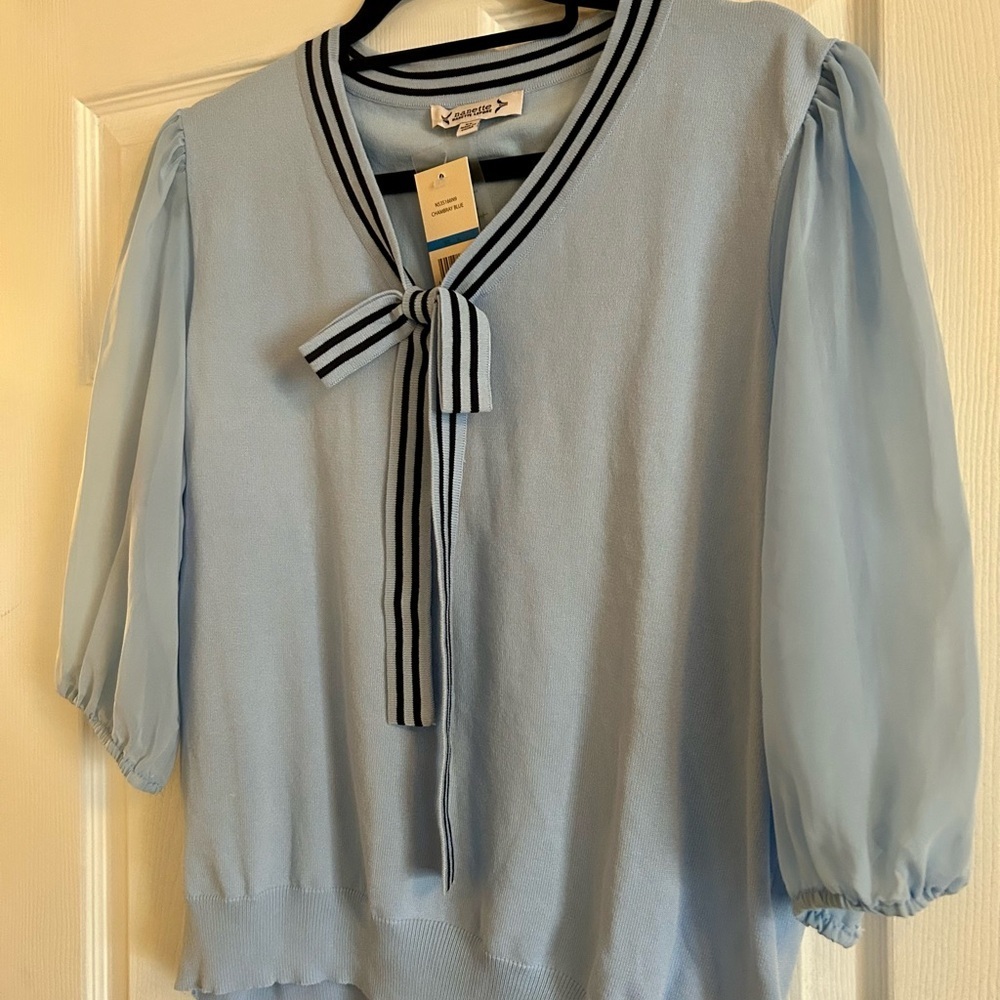 Nanette Lepore - NWT Blue Knit Top with Bow Detail; Size XL - Picture 5 of 6